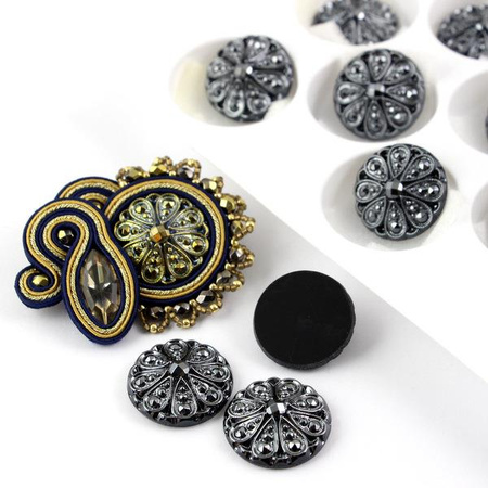 Kaboszon szklany Rosette silver black moneta 22mm