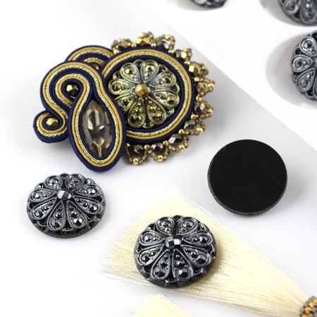 Kaboszon szklany Rosette silver black moneta 22mm