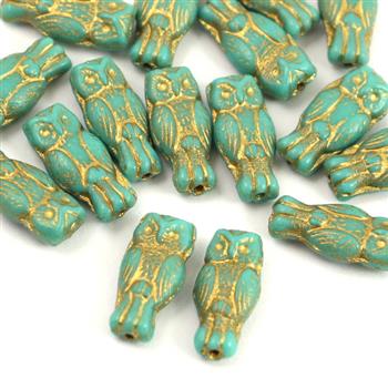Owl Beads Opaque Turquoise Green Gold 15x7mm