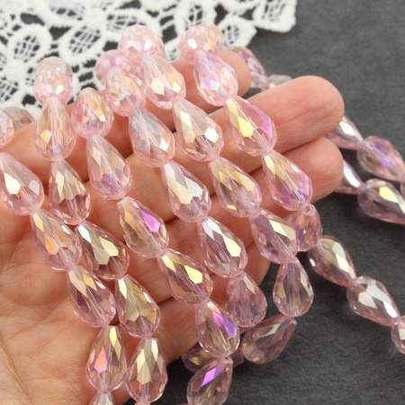 Kryształek szklany kropla fasetowana różowa luster AB 15x10mm