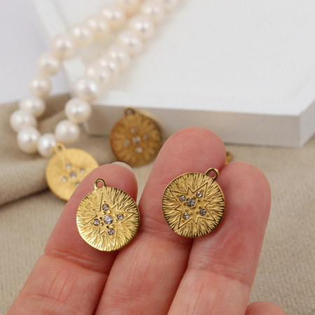 Zawieszka moneta z gwiazdką i cyrkoniami stal szlachetna pozłacana 14mm