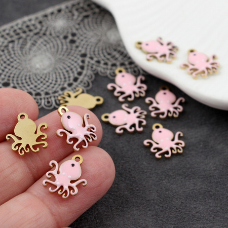 Zawieszka emaliowana stal szlachetna pozłacana ośmiornica różowa 13x12mm