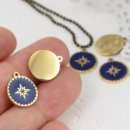 Zawieszka stal szlachetna pozłacana PVD emaliowana róża wiatrów granatowa 13mm