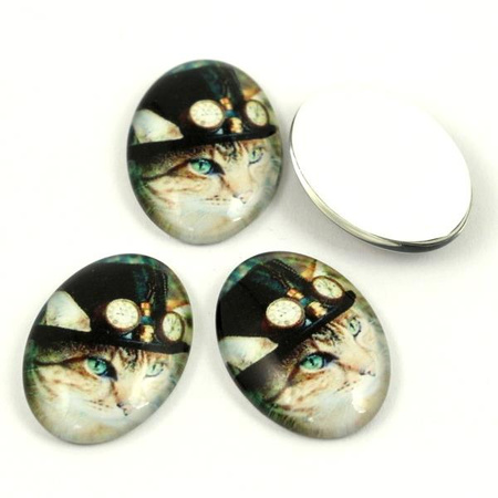 Kaboszon szklany z grafiką owal z motywem kota 25x18mm