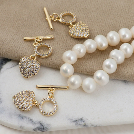 Zapięcie toggle z sercem z cyrkoniami mosiądz pozłacany 10mm