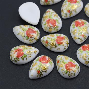 Kaboszon z żywicy z nadrukiem w kwiaty łezka 18x13mm