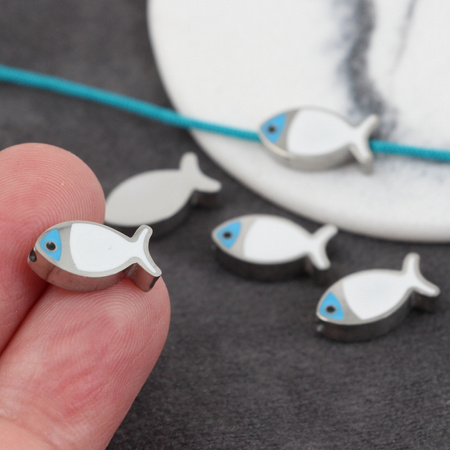 Przekładka emaliowana stal szlachetna ryba srebrna/biała 14x7mm