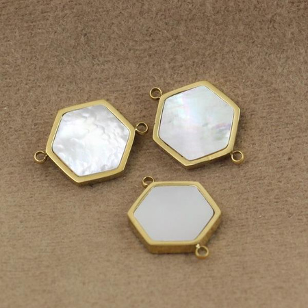 Łącznik sześciokąt z masą perłową stal szlachetna pozłacana PVD 16x12mm