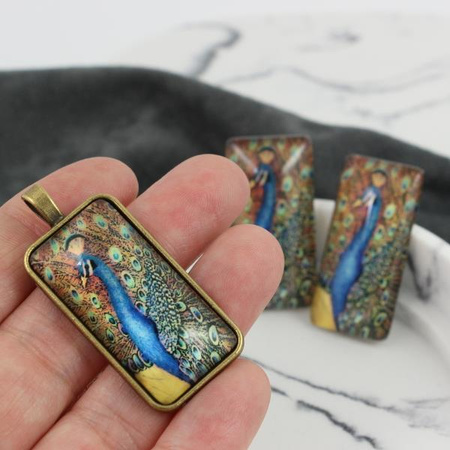 Kaboszon szklany z grafiką paw prostokąt 38x19mm