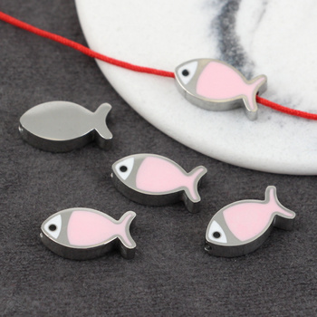 Przekładka emaliowana stal szlachetna ryba srebrna/różowa 14x7mm