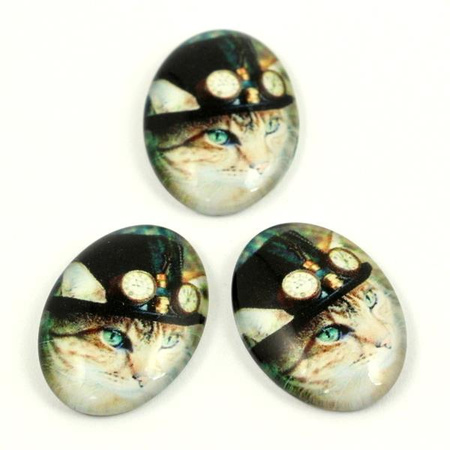 Kaboszon szklany z grafiką owal z motywem kota 25x18mm