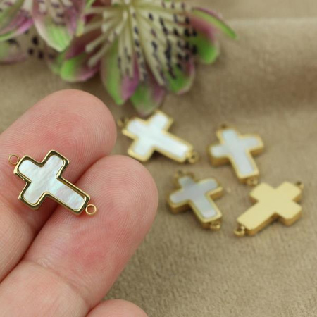 Łącznik krzyżyk z masą perłową stal szlachetna pozłacana PVD 17x10mm