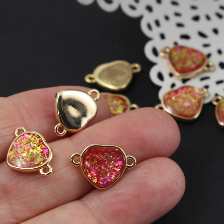 Łącznik w metalowej oprawie serce szkło dichroiczne 16x11mm