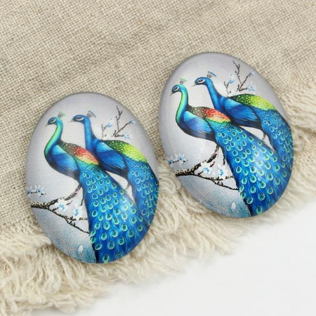 Kaboszon szklany z grafiką pawie owal 40x30mm