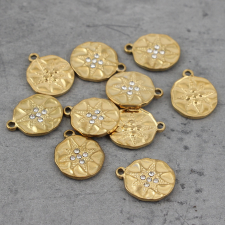 Zawieszka moneta z gwiazdką i cyrkoniami stal szlachetna pozłacana 15mm