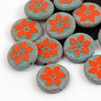 Szklana moneta z kwiatkiem Opaque Orange Turquoise 18mm