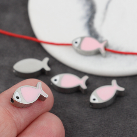 Przekładka emaliowana stal szlachetna ryba srebrna/różowa 14x7mm