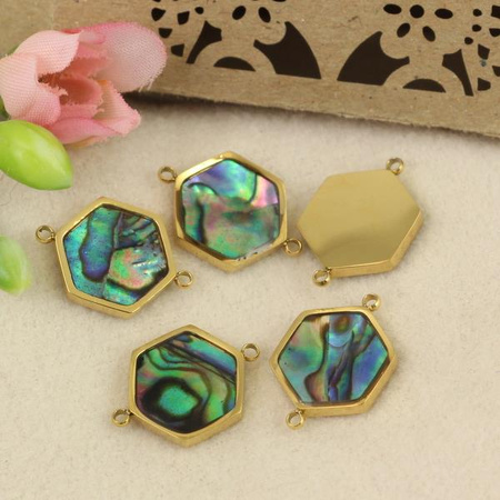 Łącznik sześciokąt z muszlą paua stal szlachetna pozłacana PVD 16x11mm