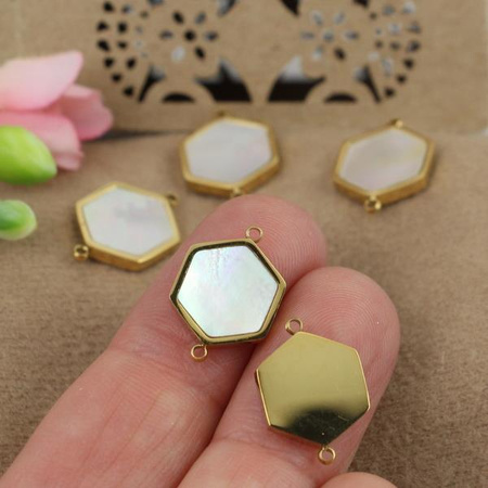 Łącznik sześciokąt z masą perłową stal szlachetna pozłacana PVD 16x12mm