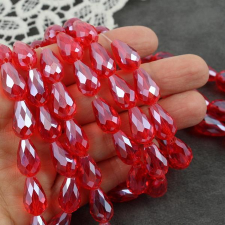 Kryształek szklany kropla fasetowana czerwona luster 15x10mm