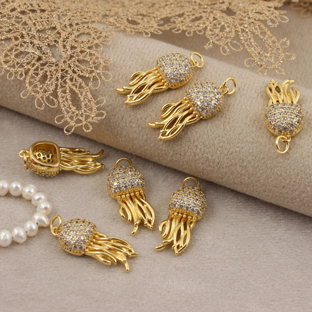 Zawieszka meduza mosiądz złocony z cyrkoniami 24x10mm