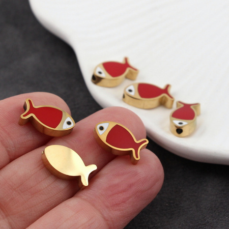 Przekładka emaliowana stal szlachetna ryba pozłacana/czerwona 14x7mm
