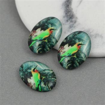 Kaboszon szklany z grafiką owal motyw ptaszka 18x13mm