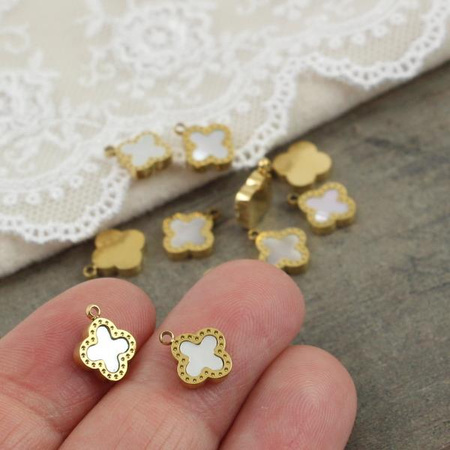 Zawieszka koniczyna z masą perłową stal szlachetna pozłacana PVD 8mm