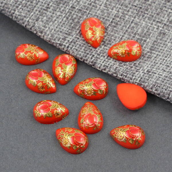 Kaboszon z żywicy z nadrukiem w kwiaty łezka pomarańczowa 14x10mm