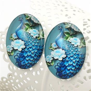 Kaboszon szklany z grafiką paw owal 40x30mm