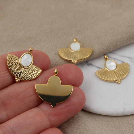 Zawieszka wachlarz z białym oczkiem stal szlachetna pozłacana 21x20mm