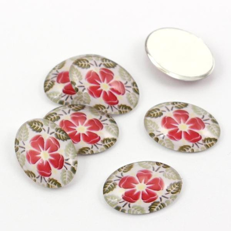 Kaboszon szklany z grafiką rózowy kwiatek owal 25x18mm