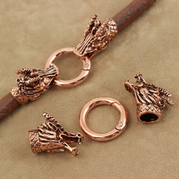 Zapięcie ozdobne kółko uchylne z tulejkami - głowa smoka miedziane