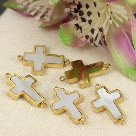 Łącznik krzyżyk z masą perłową stal szlachetna pozłacana PVD 17x10mm