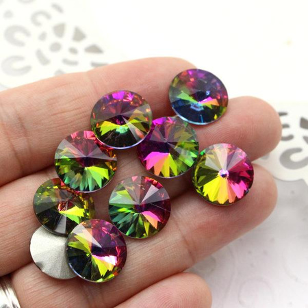 Kaboszon szklany moneta stożkowa fasetowana tęczowa 14mm