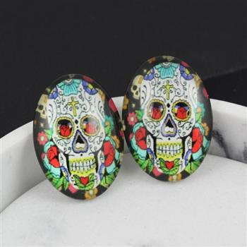 Kaboszon szklany z grafiką owal czaszka 25x18mm