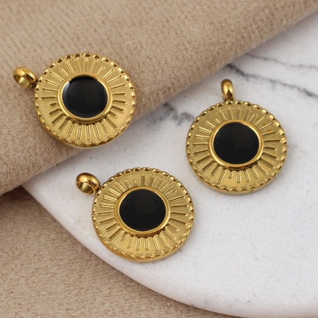 Zawieszka moneta z czarnym oczkiem stal szlachetna pozłacana 15mm