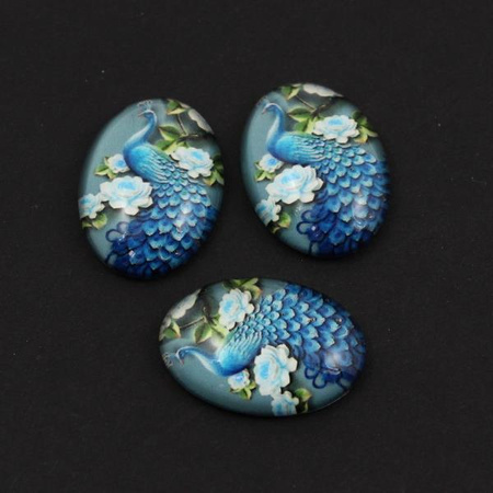 Kaboszon szklany z grafiką paw owal 25x18mm