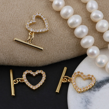 Zapięcie toggle serce z cyrkoniami mosiądz pozłacany 12mm