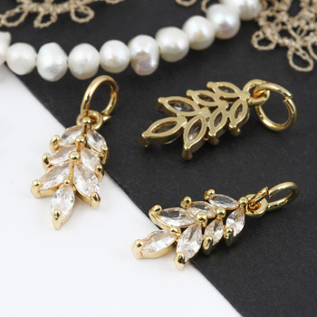 Zawieszka metalowa mosiądz złocony liść z cyrkoniami 17mm