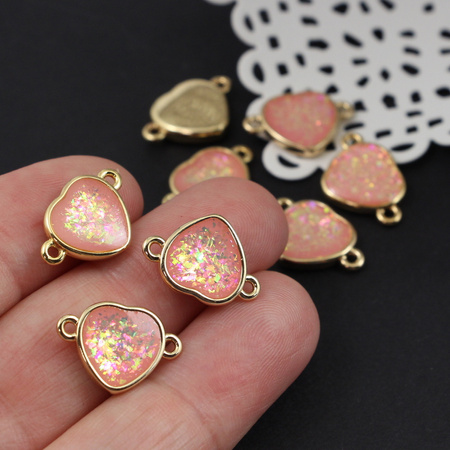 Łącznik w metalowej oprawie serce szkło dichroiczne 16x11mm