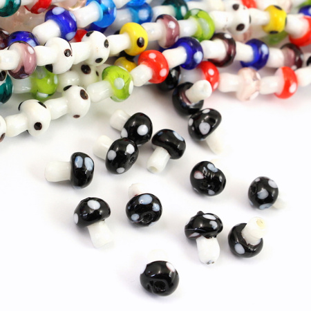 Koralik szklany czarny grzybek muchomor 16x10mm