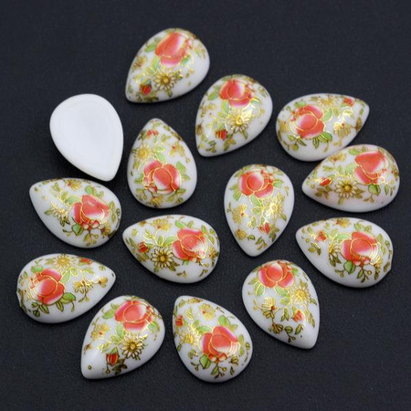 Kaboszon z żywicy z nadrukiem w kwiaty łezka 18x13mm