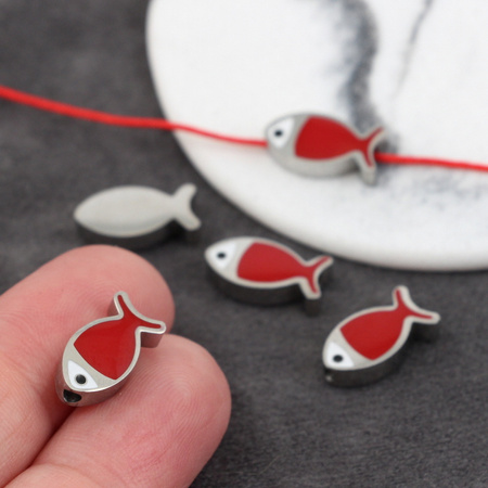 Przekładka emaliowana stal szlachetna ryba srebrna/czerwona 14x7mm