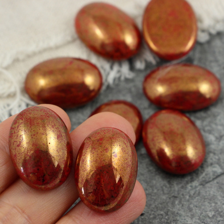 Kaboszon szklany Dk. Opaque Red - Luster - Opaque Topaz/Pink owal 25x18mm