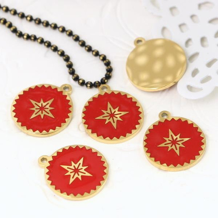 Zawieszka stal szlachetna pozłacana PVD emaliowana róża wiatrów czerwona 13mm