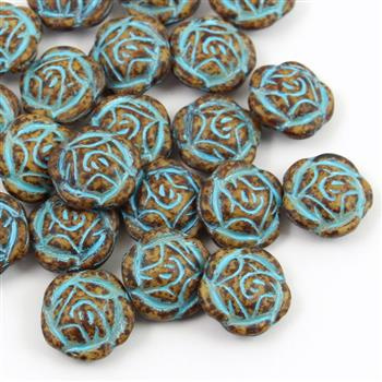 Rose Beads Opaque Beige Matte Turquoise Patina 16mm [1szt]