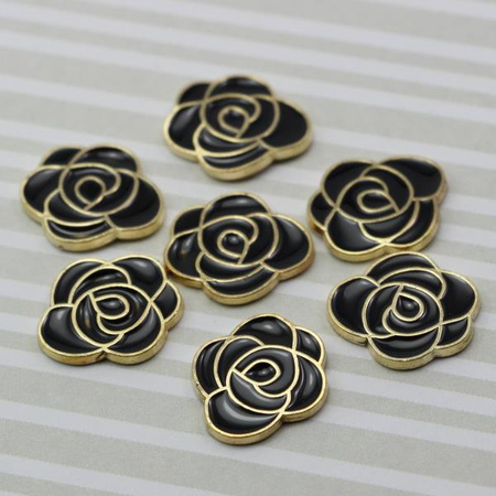 Złota różyczka płaska emaliowana czarna 15x13mm