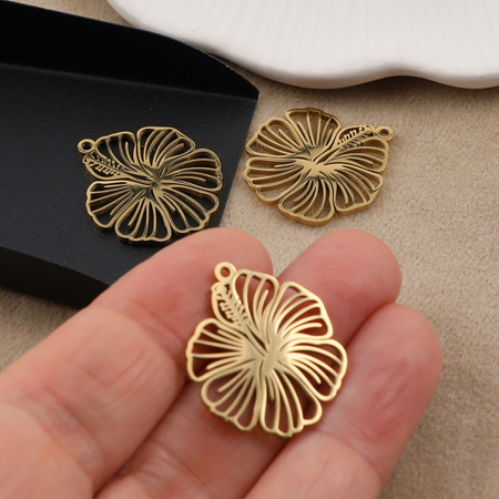 Zawieszka kwiat hibiskusa stal szlachetna pozłacana 23mm