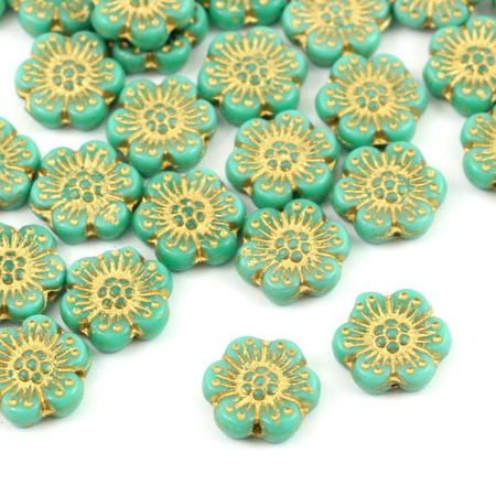 Anemone Flower Beads Opaque Turquoise Green Gold Patina 14mm [1szt]